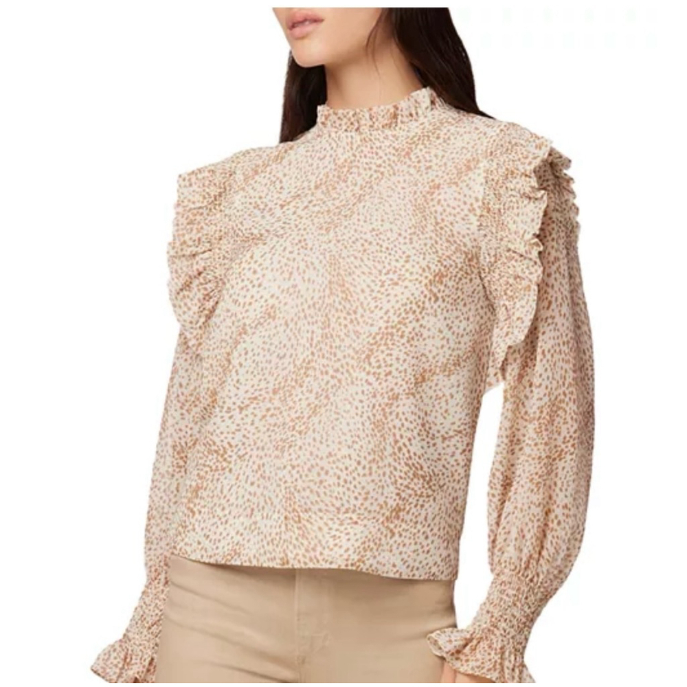 Joe's Women’s Blouse Ruffled Animal print Ruffle Mobwife Cream Tan Brown Sz L